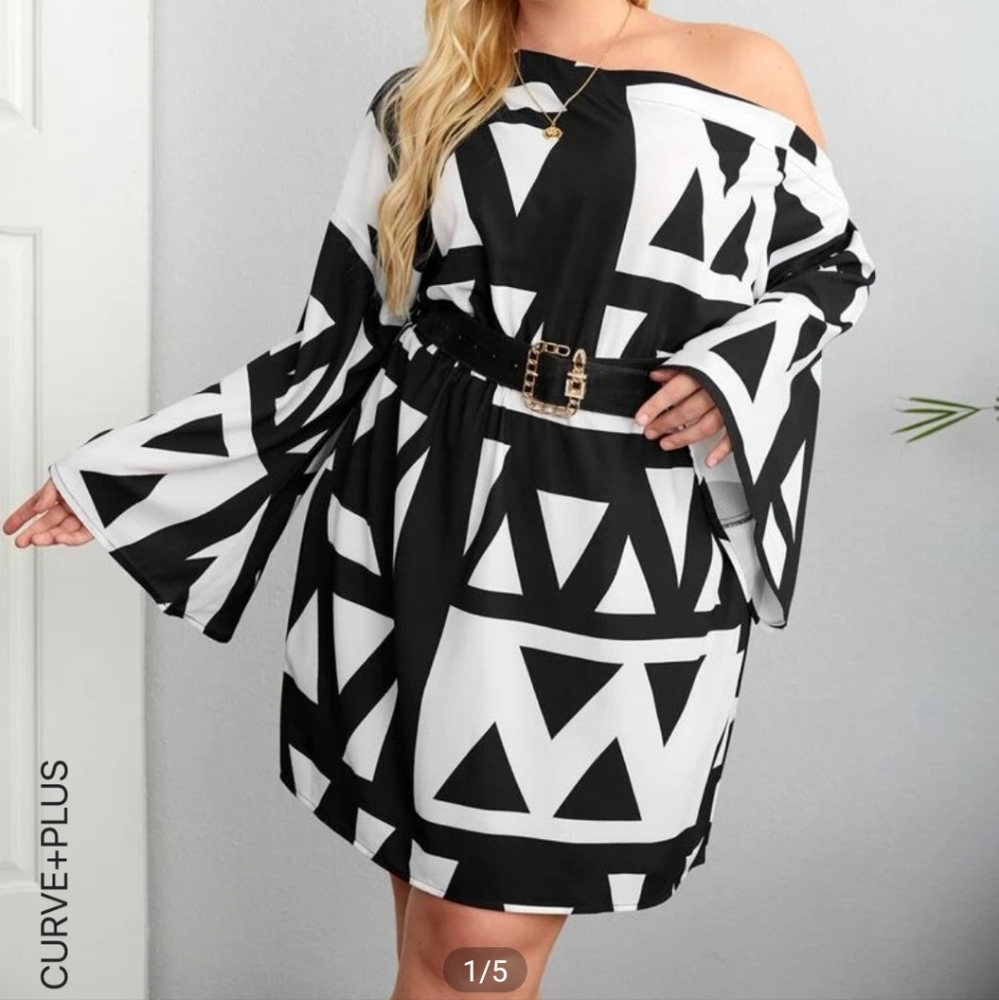 Geo Graphic Asymmetrical Neck Flounce Sleeve Dress